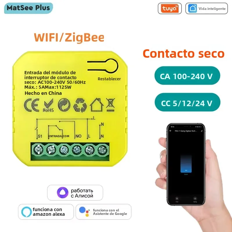 Tuya Smart ZigBee WiFi interruptor de contacto seco relé 5A aplicación remota Control sincronización DC12/24V AC100-240V compatible con Google Home 