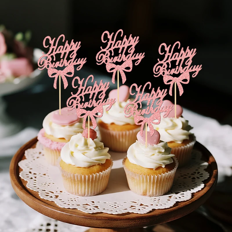 YOMDID 24 Stück Cupcake-Topper mit Schleife und Schriftzug „Happy Birthday“, Kuchenaufsätze für Hochzeit, Geburtstag, Dekorationen, Decoracion Cumpleaños