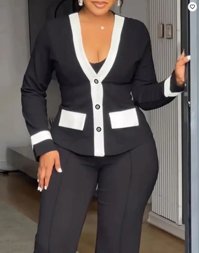 Women's Fashion Contrast Binding Coat 2026 Spring New Casual Slim Fit V-Neck Jacket Button Front Office Business Workwear