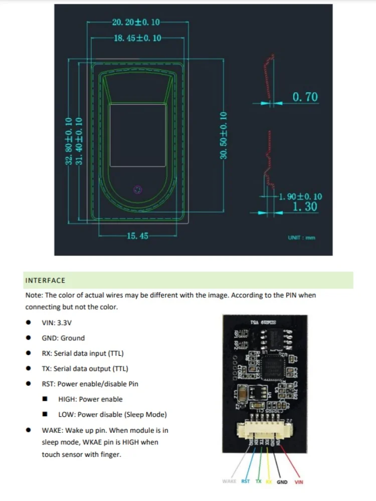 長方形のオールインワン静電容量式指紋センサー-e-、cortex-プロセッサ、uart