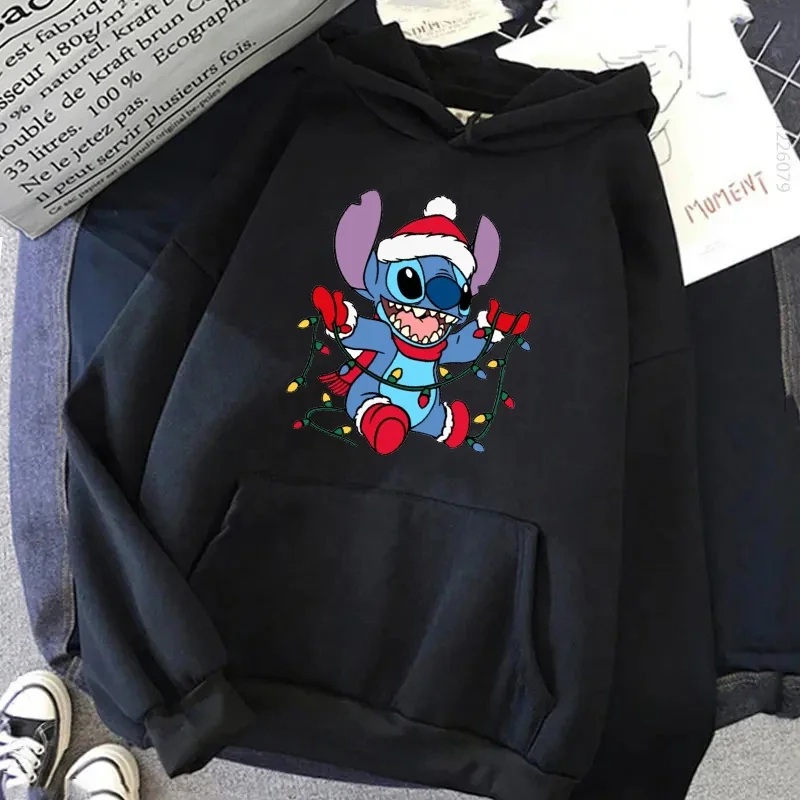 Disney Male Sweatshirts Pocket Christmas Stitch Pattern Loose Clothing Cozy Daily Men Hoodies Autumn Winter Popular Pullover