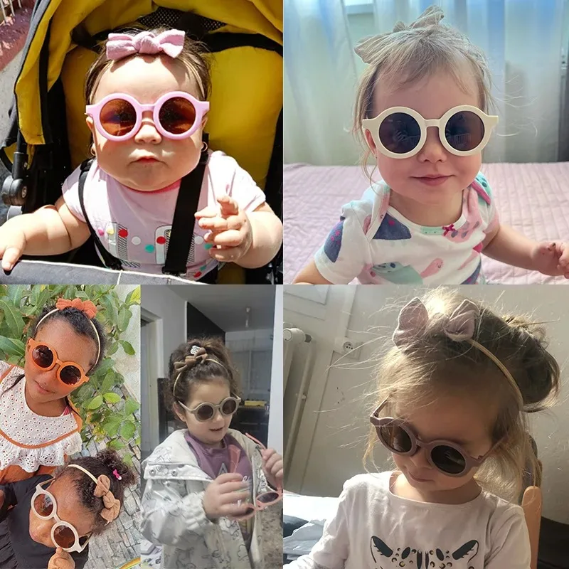 2 Teile/satz Neue Kinder Nette Farben Weiche Bowknot Breite Haarbänder Mode Runde Blume UV400 Sonnenbrille Set Kinder Haar Zubehör – Detail 1
