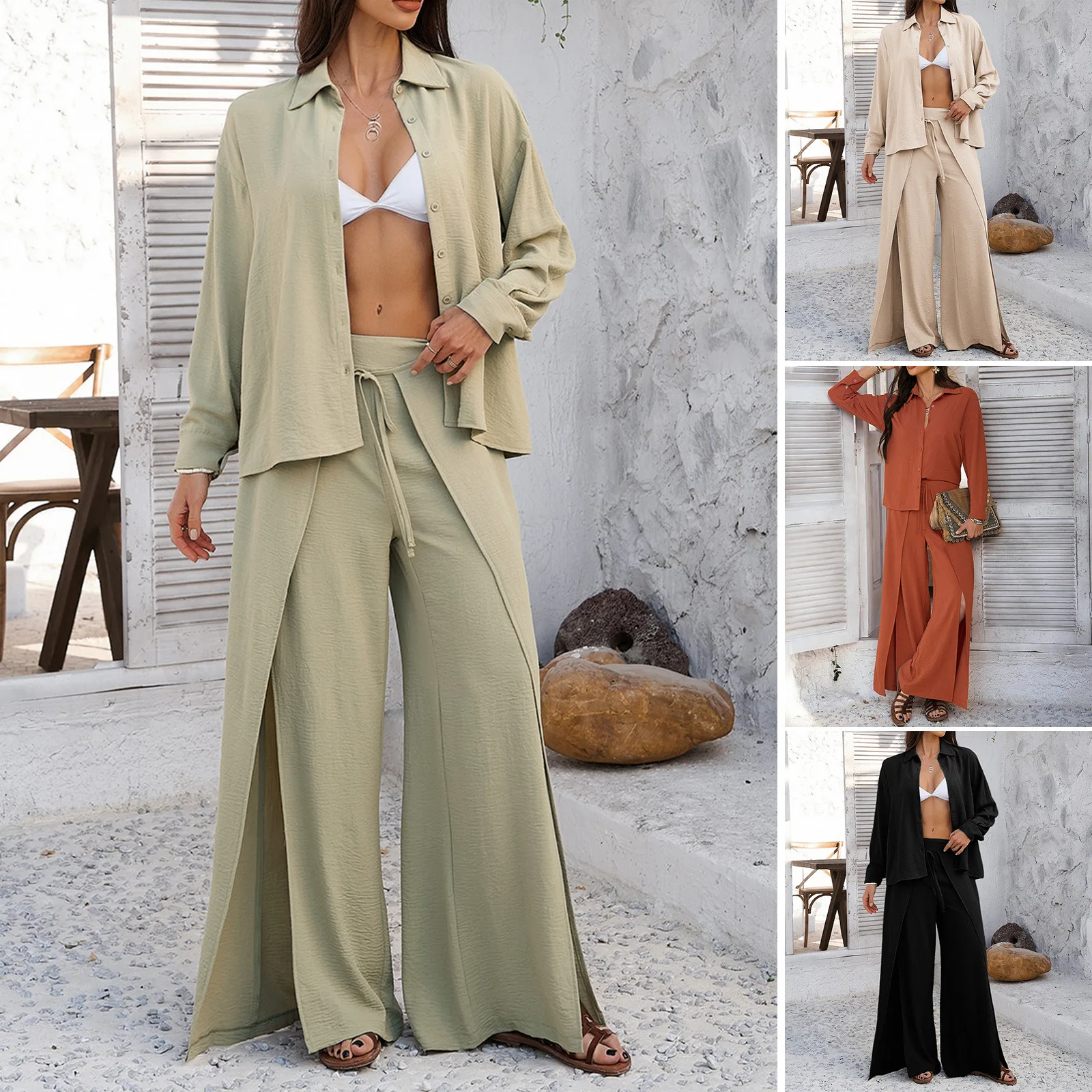 

Diyun 2025 Spring And Summer Cross-border Amazon Leisure Vacation Style Solid Color Shirt Wide-leg Trousers Women's Clothing