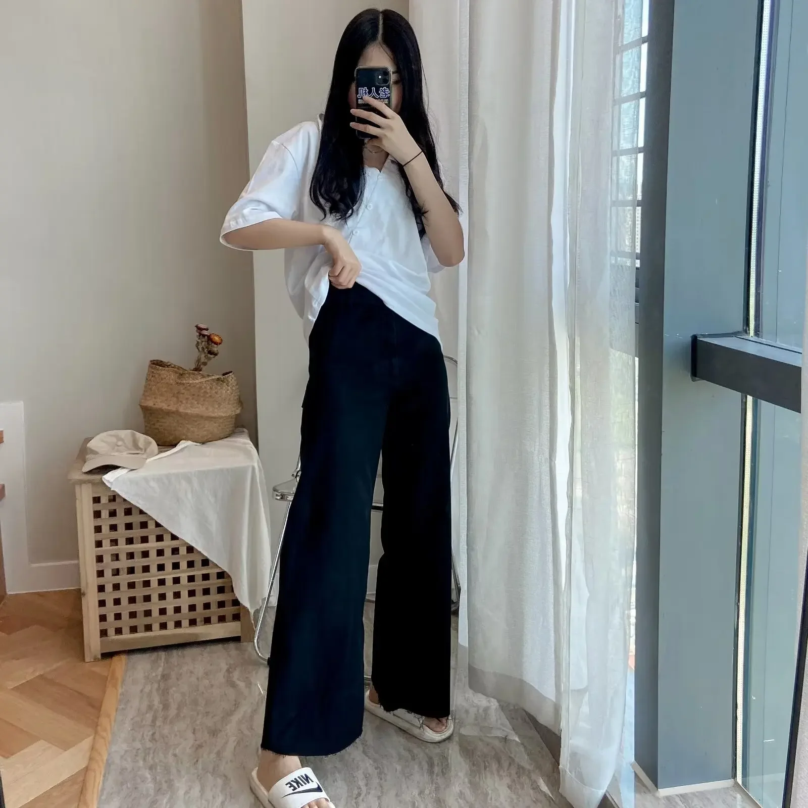 Women's 2024 Chic Fashion Temperament Joker Navy High Waist Straight Jeans Retro Zipper Women's Denim Fabric Pants Mujer