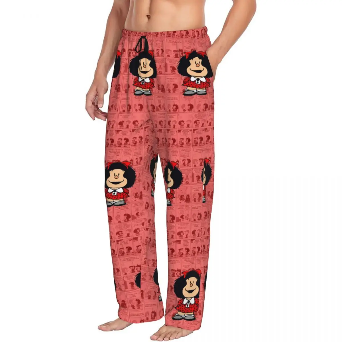 Custom Mafaldas Quino Comics Cartoon Pajama Pants Sleepwear for Men Elastic Waistband Sleep Lounge Bottoms with Pockets