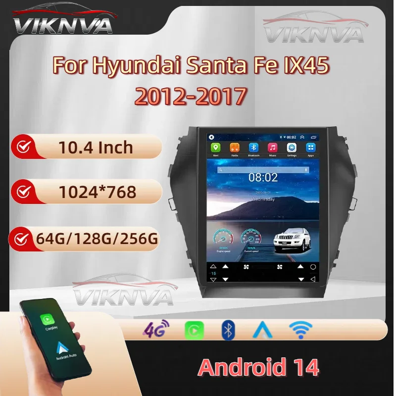 Android14 Car Radio Screen For Hyundai IX45 Santa Fe 2012-2017 Multimedia Player GPS Navigation CarPlay Stereo DSP 4G WiFi Audio