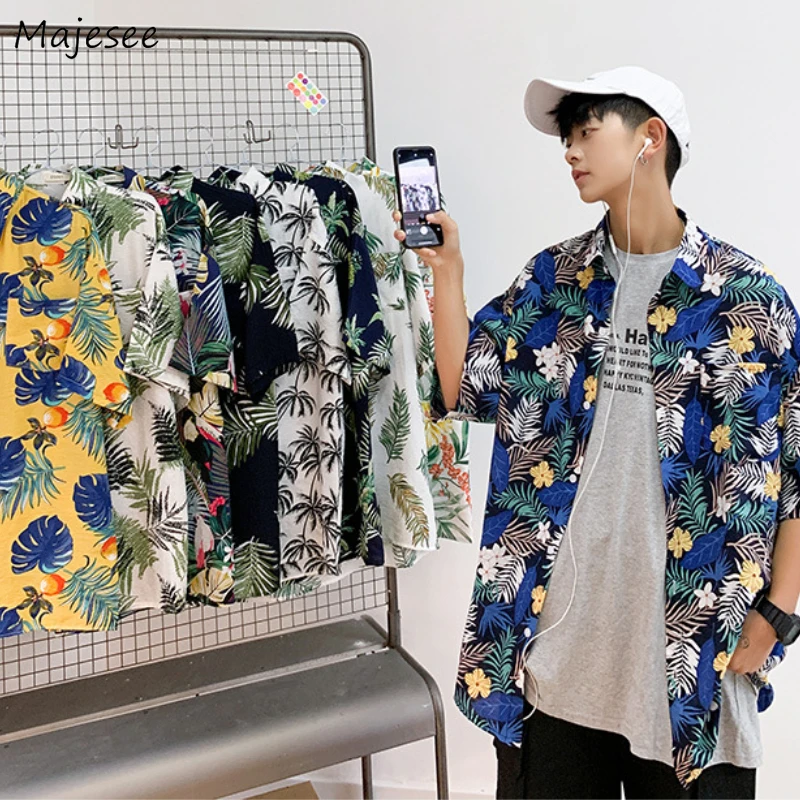 

Hawaiian Shirts Men Summer Holiday Baggy Fashion Print Couples Tops Beach Style Casual Seaside Handsome All-match Daily Рубашки