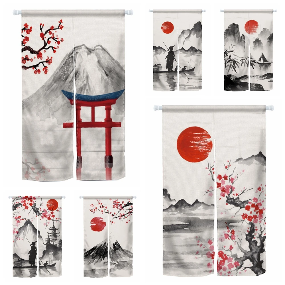 Japanese Style Ink Painting Door Curtain Tradition Retro Fuji Mountain Cherry Blossom Bedroom Partition Kithchen Divider Curtain