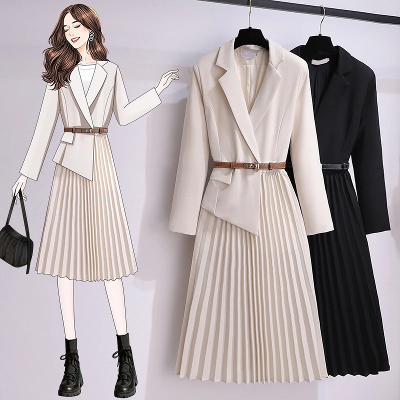 JSXDHK Spring Autumn Office Ladies Pleated Dress 2024 New Elegant French Women Notched Collar Patchwork Chiffon OL Midi Vestidos