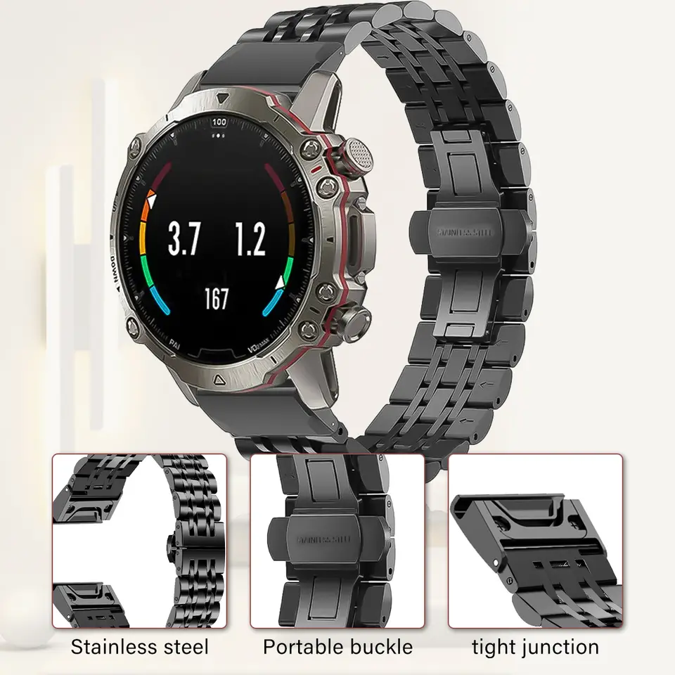 Quick-Release Metal Watch Strap for Garmin Fenix & Forerunner, 20/22/26mm