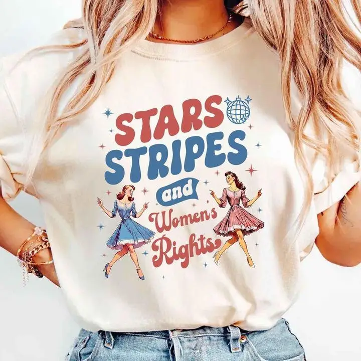 

Women's Retro - Style Graphic Tee, "Stars Stripes and Women's Rights" Feminist Print, 4th of July/Activist Casual Top