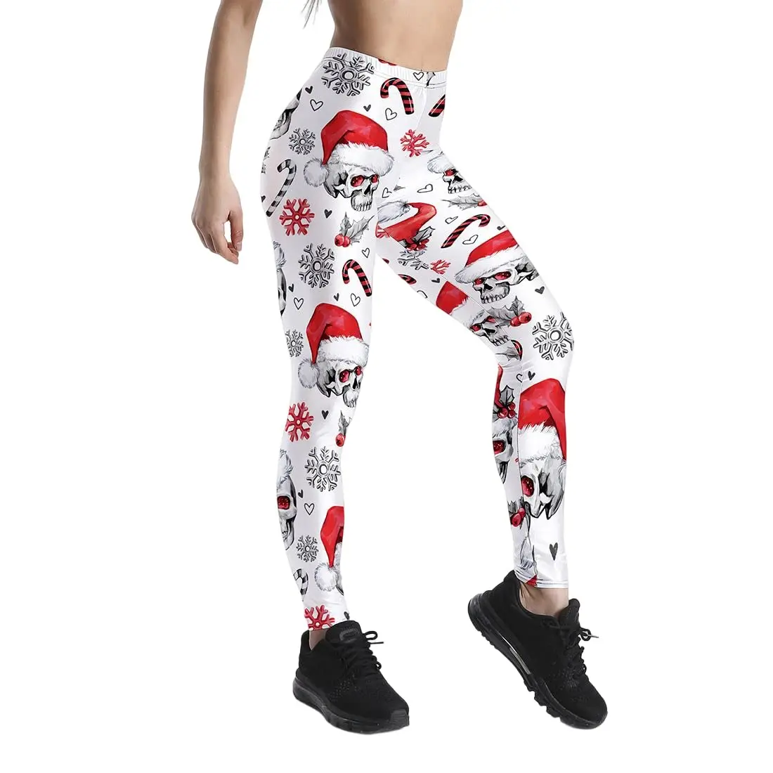 بنطال ضيق نسائي بطبعة جمجمة عيد الميلاد، مصنوع من مزيج البوليستر والألياف اللدنة قابل للتمدد ودافئ مثالي للخريف والشتاء