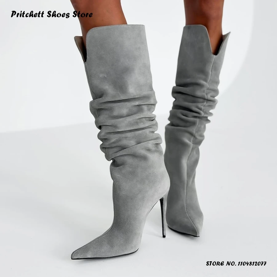 Women's Grey Suede Knee-high Boots Spring Autumn Pleated Stiletto Modern Boots Elegant Pointed Toe Thin Heels Party Office Shoes