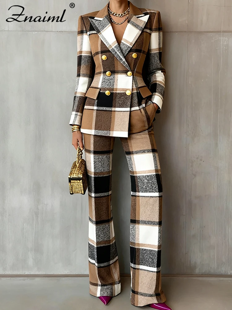 Znaiml Chic منقوشة مطبوعة ضئيلة المرأة السترة البدلة التلبيب سترة بأكمام طويلة وسراويل مستقيمة عالية الخصر 2 قطعة مجموعة مكتب #3
