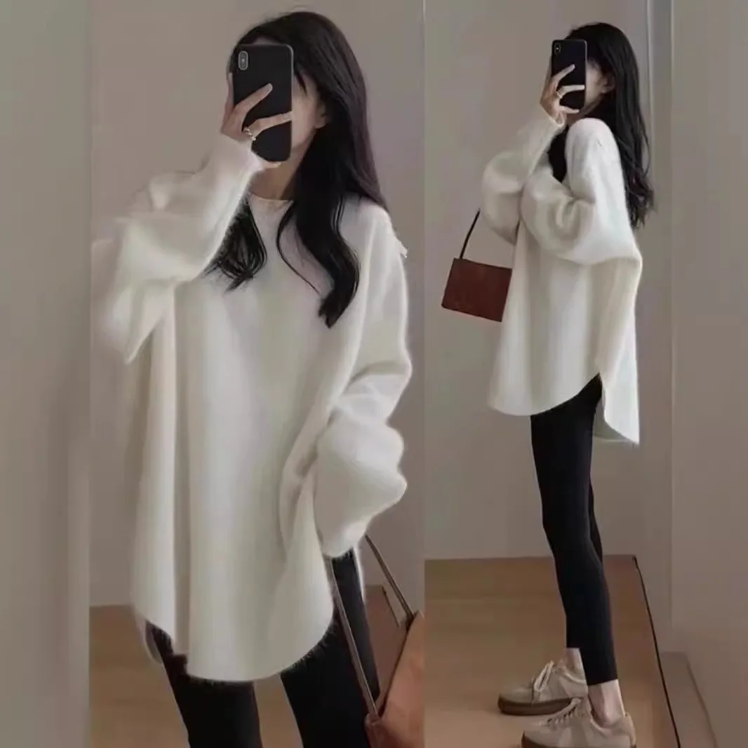 TRAFZA Winter Women Burgundy Long Sleeve Pullovers Casual O-neck Loose Fluffy Fuzzy Jumper Sweater Female Fashion Knitted Tops