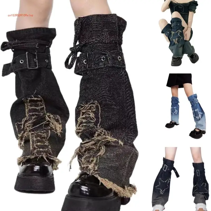 

Japanese Women Buckled Strap Distressed Crosses Star Jeans Leg Warmers Harajuku Punk Flared Leg Cover Baggy Long Socks