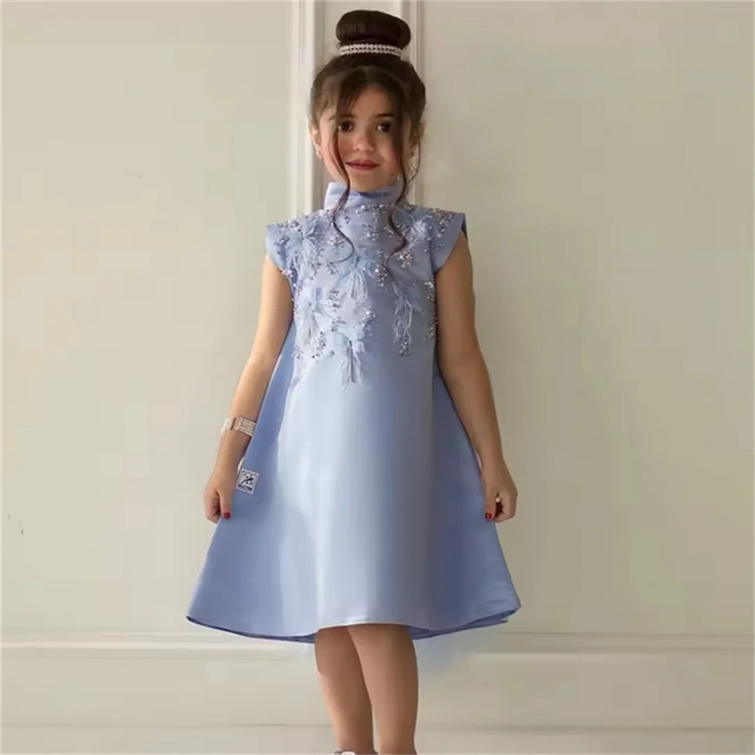 Customized Blue Flower Girl Dress For Wedding Sequins Knee Length Princess Kids Birthday Party First Communion Ball Gowns