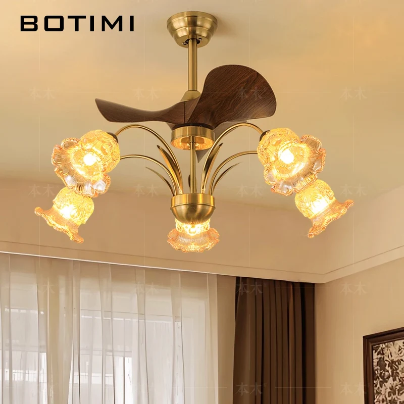 

BOTIMI 85CM 5 6 Lights Ceiling Fan With Flower Glass Lampshades Remote Control Cooling Fan For Living Bedroom Ceiling Fans