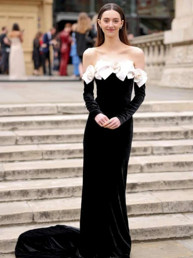 Sexy Off The Shoulder Bow Flower Maxi Dress Women Black Velvet Long Sleeve Bownot Slim Long Dresses Elegant Evening Party Gowns