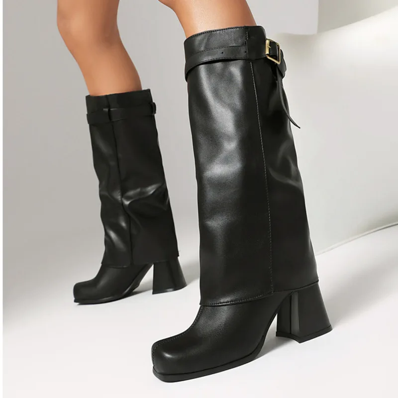 

Осень 2024, трендовые ретро-сапоги в стиле гот-рок, женские сапоги до колена на массивном каблуке, обувь с квадратным носком