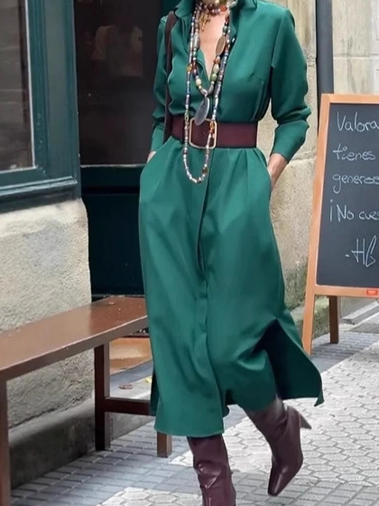 Vestido camisero de manga larga con solapa de temperamento, vestido largo elegante de satén con bolsillo para mujer, vestido informal de un solo pecho de Color sólido para ir al trabajo