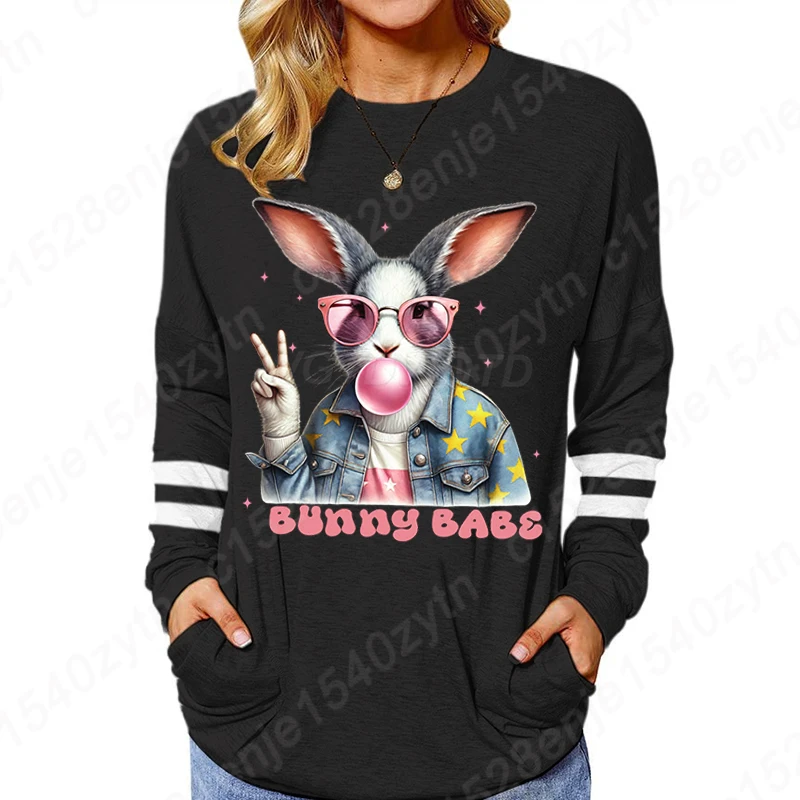 Women's Clothing Bubble Gum Bunny Graphic T Shirts Long Sleeves Funny Easter Bunny Graphic Tee Cute Spring Rabbit Gift for Women