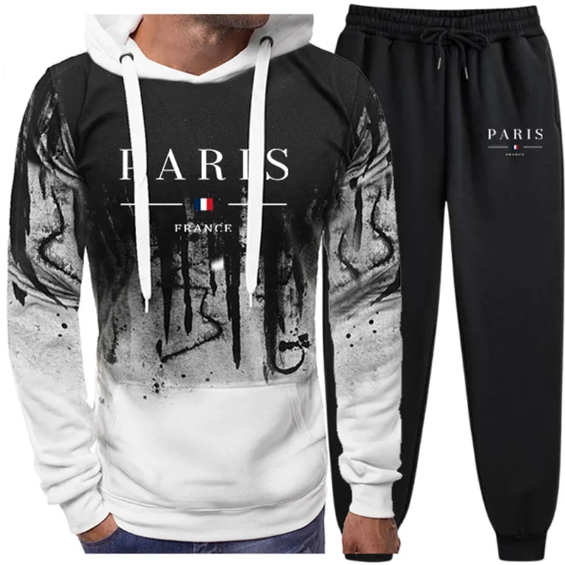 

Лидер продаж, мужской спортивный костюм с принтом Парижа, повседневный повседневный спортивный комплект с капюшоном, одежда для бега, костюм с брызгами чернил, спортивные толстовки, мужская одежда