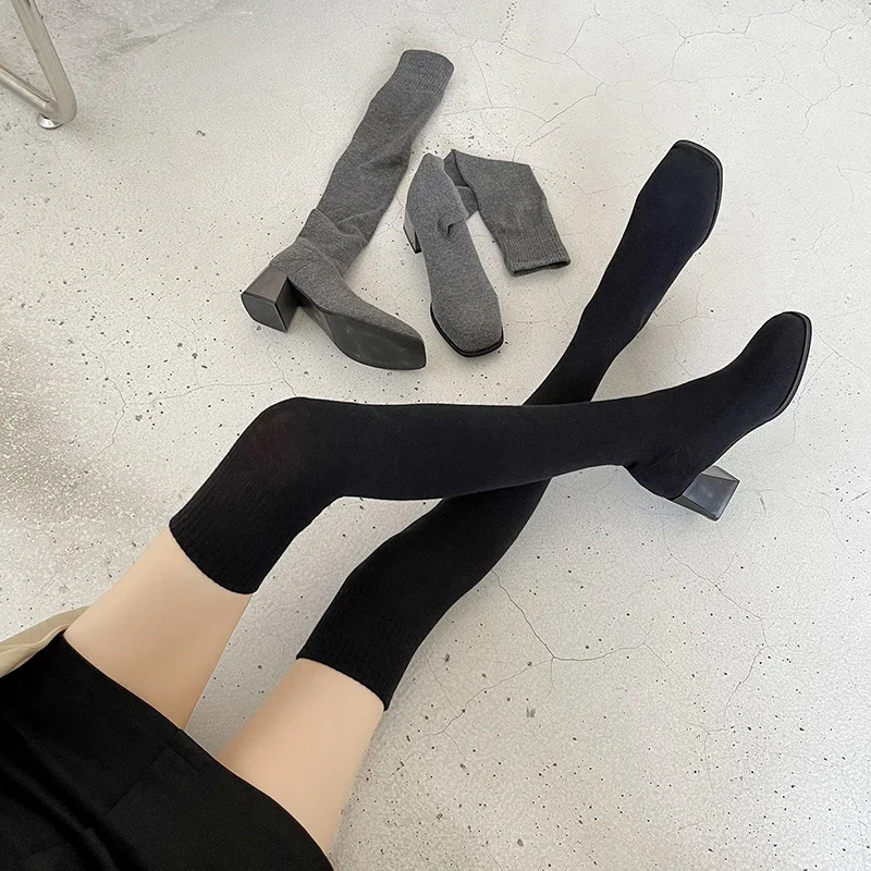 Botas altas hasta el muslo, zapatos, calcetín por encima de la rodilla para mujer, medias sexis elegantes para mujer, tacones gruesos, bota larga