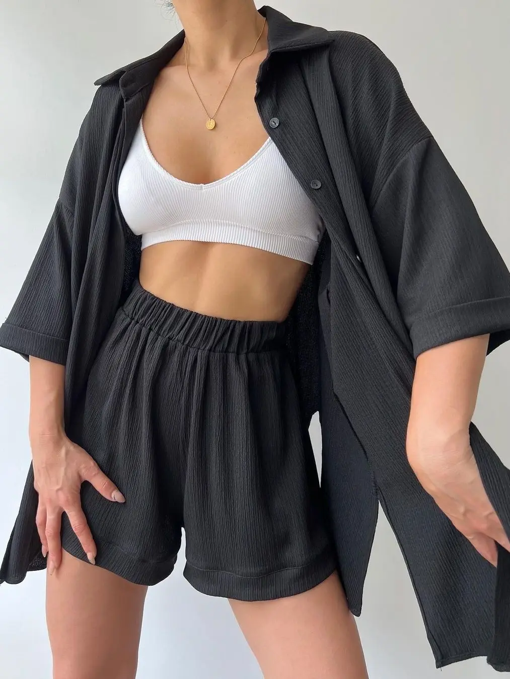 Spring and Autumn New Five-Quarter Sleeve Shorts Suit Personality Slit Shirt Women's Summer Two-Piece Set