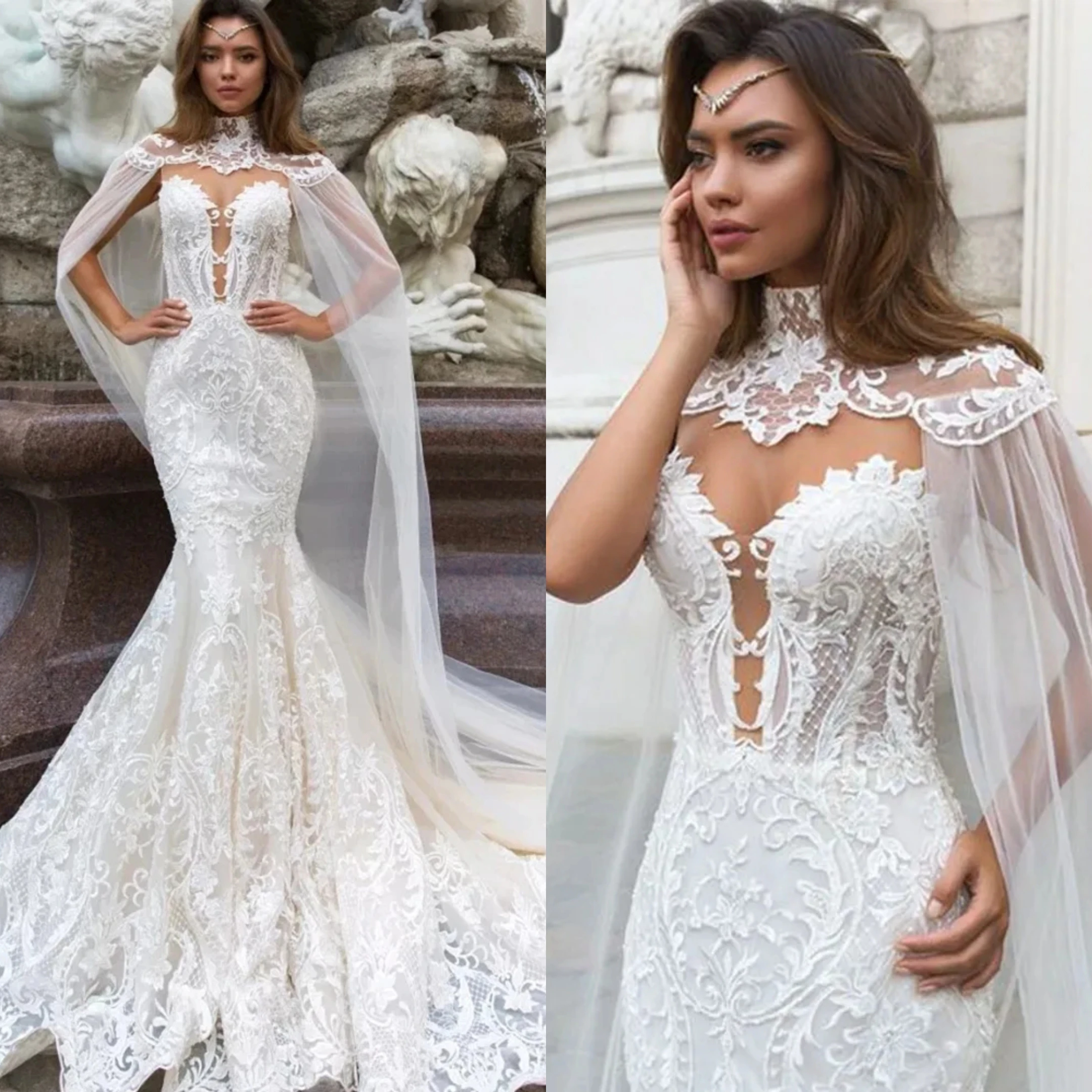 

Fashion Mermaid Wedding Dresses For Women Sweetheart Neck Wrap Bridal Gown Appliques Lace Sweep Train Dress Custom Made