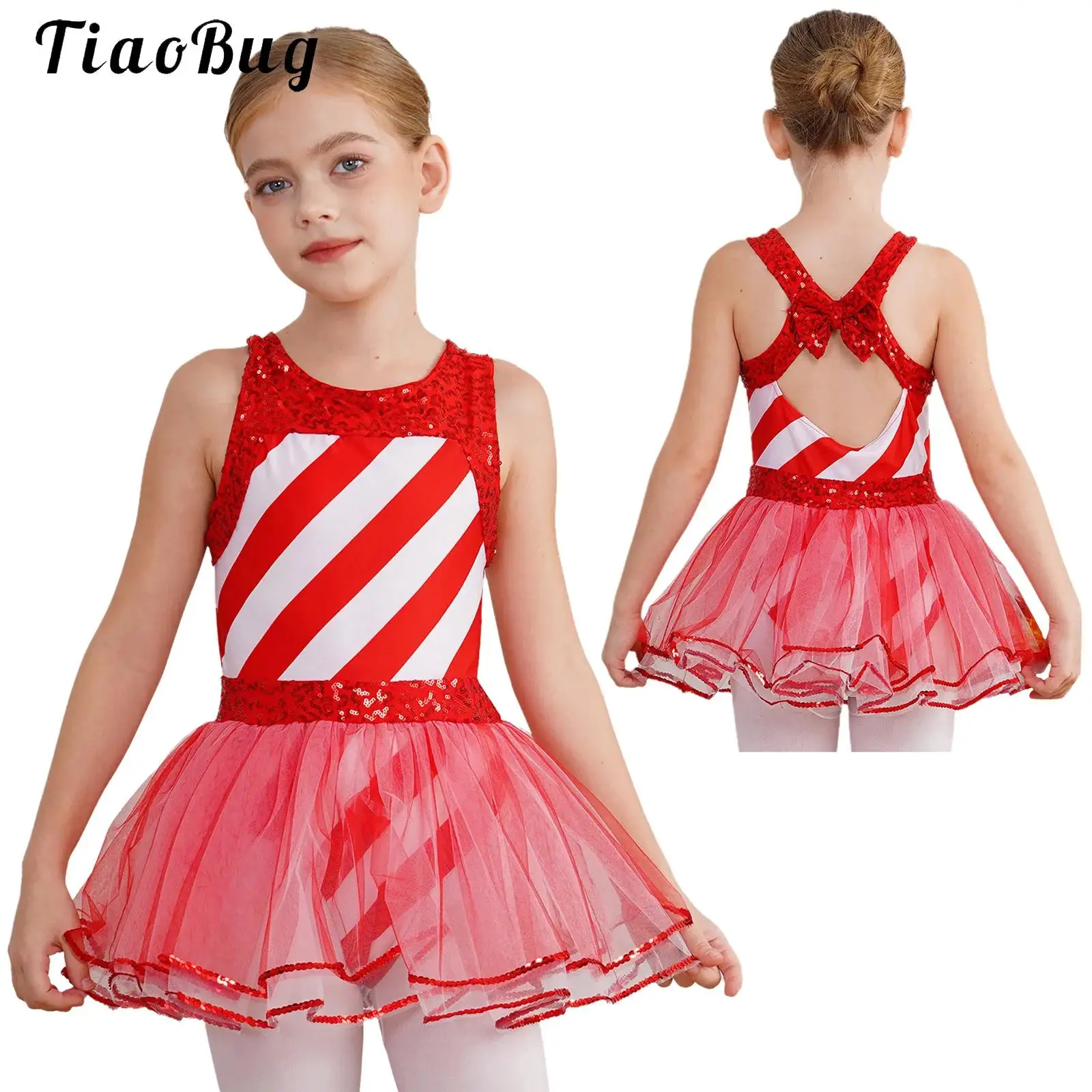 

Sequins Striped Christmas Dance Dress Girls Candy Cane Mrs Santa Claus Costume Mesh Tutu Ballet Figure Ice Skating Leotard Dress