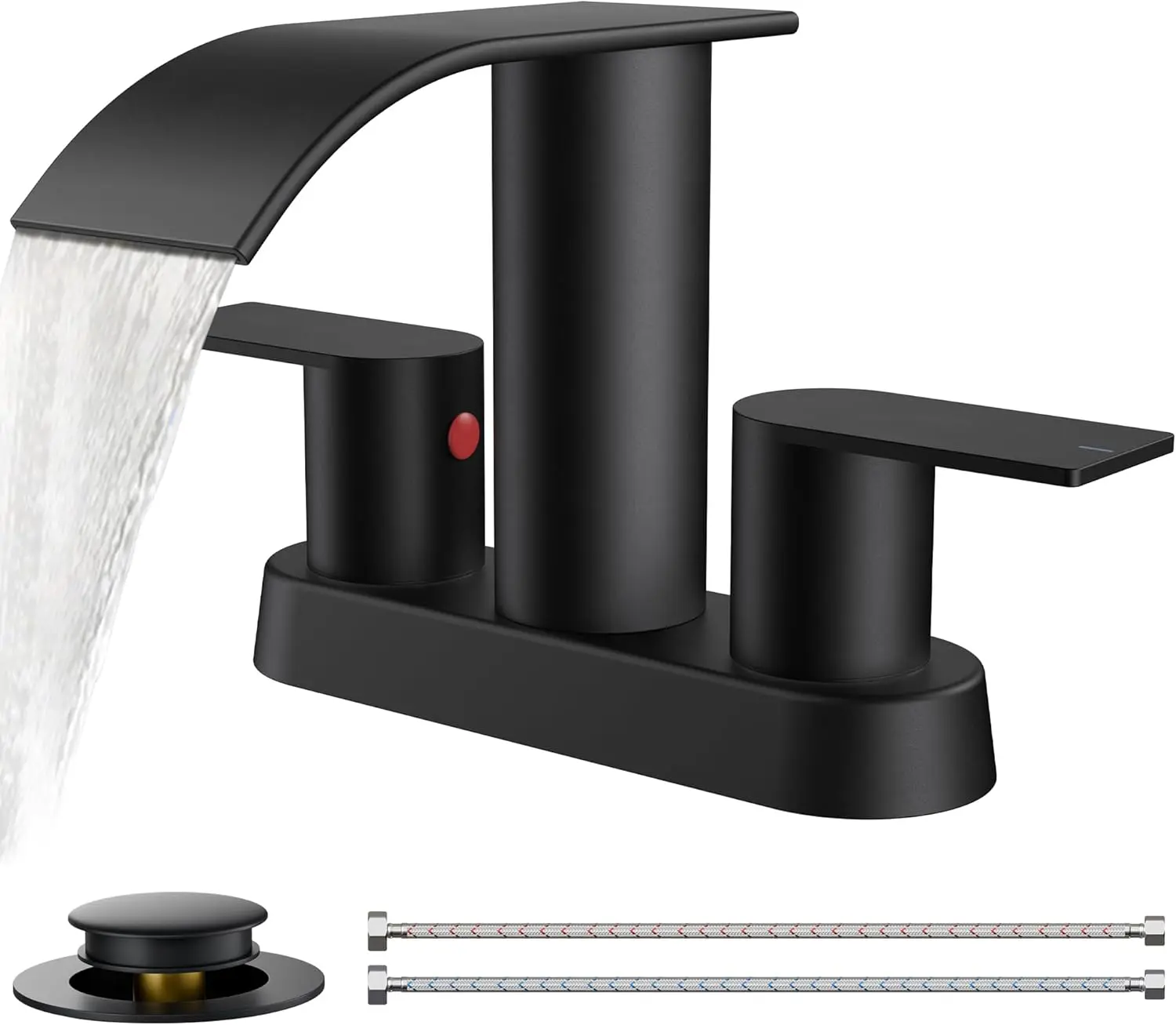 

Matte Black Bathroom Faucets, Waterfall 4 Inch Centerset Bathroom Sink Faucet with Metal Pop up Drain and cUPC Hose for