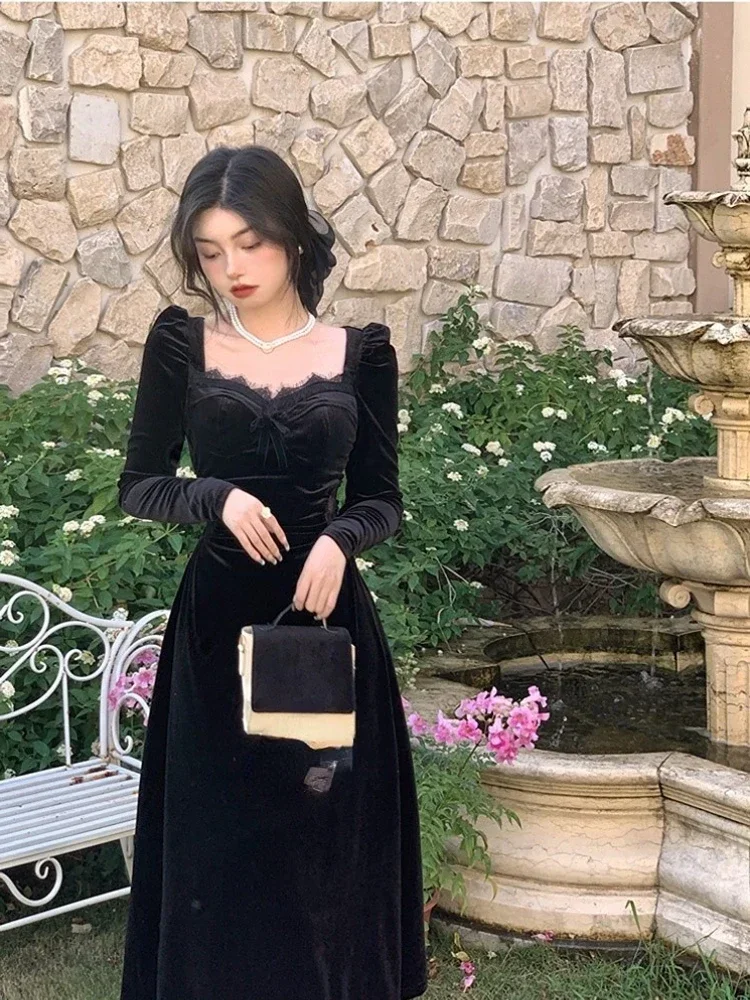 Gothic Vintage Balck Long Sleeve Dress Woman Elegant Fashion Velvet Midi Dress Korean Style Even Party Dress Casual 2023 Spring