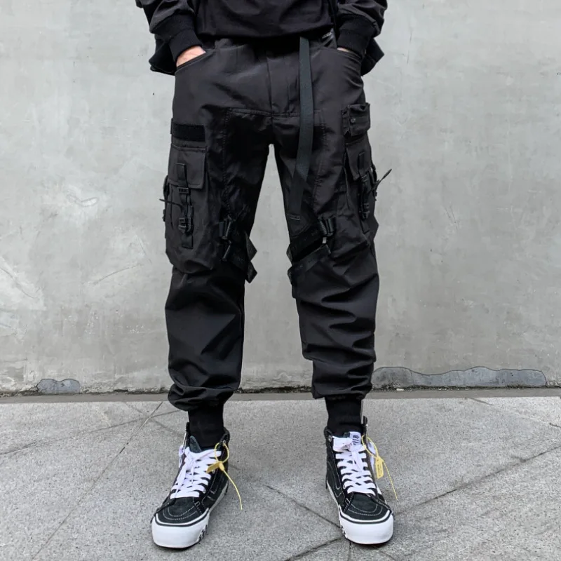 Unisex Multi-Pocket Cargo Pants Elastic Waist Overalls Men\'S Clothing Harajuku Hiphop Streetwear Ribbon Leggings Sweatpants