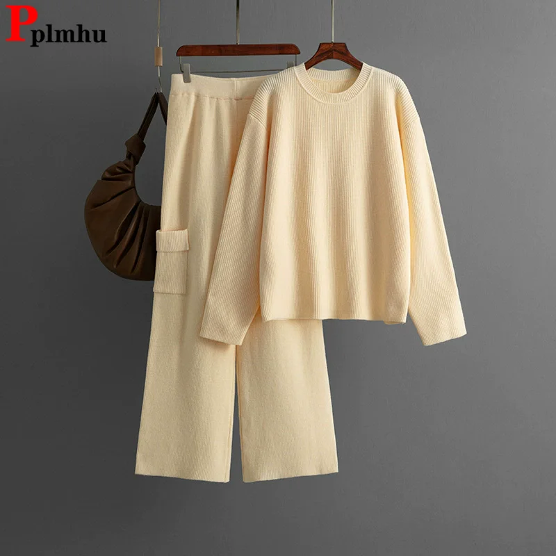 

Korean Design Knitted 2 Piece Sets Women O-neck Solid Sweater Pullover Tops Conjuntos Elastic High Waist Straight Pants Outfit