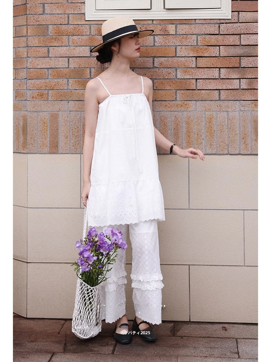 

Original Design Embroidered Loose Thin Straight Leg Pants Splicing Lace Wide Leg Pants Summer New Arrival Women's Casual Trou...