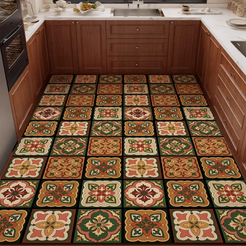Kitchen Floor Mat PVC Waterproof Non-Slip Oil-proof Leather Carpet Flower Patterns Rug Full Coverage Rugs Home Decor Alfombra