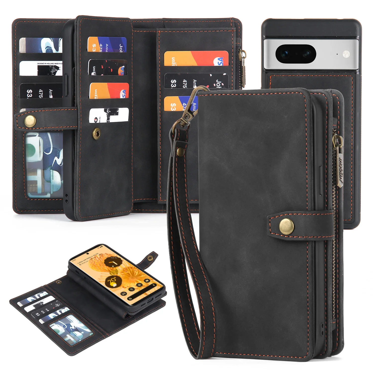 

Zipper leather wallet case for Google pixel 7, magnetic buckle, closed, shockproof, phone case for Google pixel 7 Case 6.3 inch