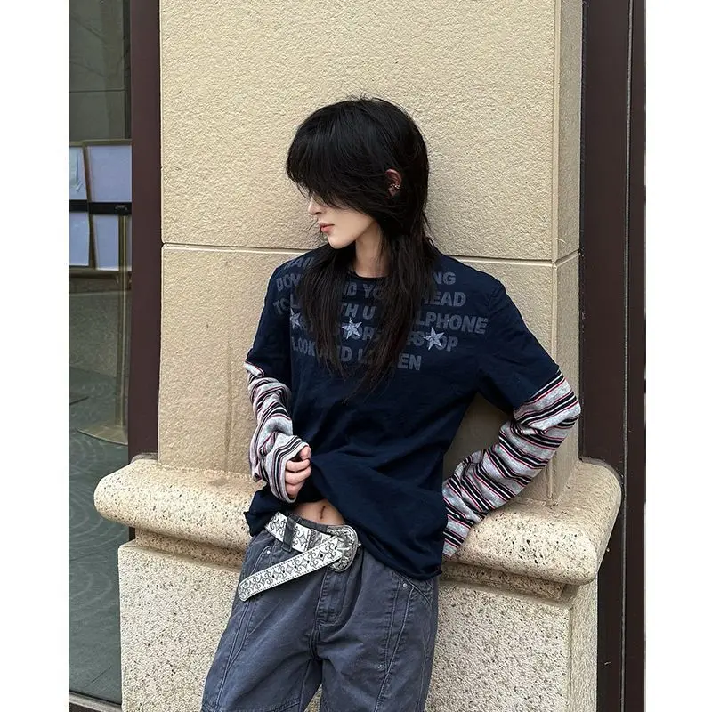 Kimotimo American Retro Striped Patchwork Fake Two Piece Long Sleeve T-shirt Women Fashion Star Letter Print Casual Top Punk Tee