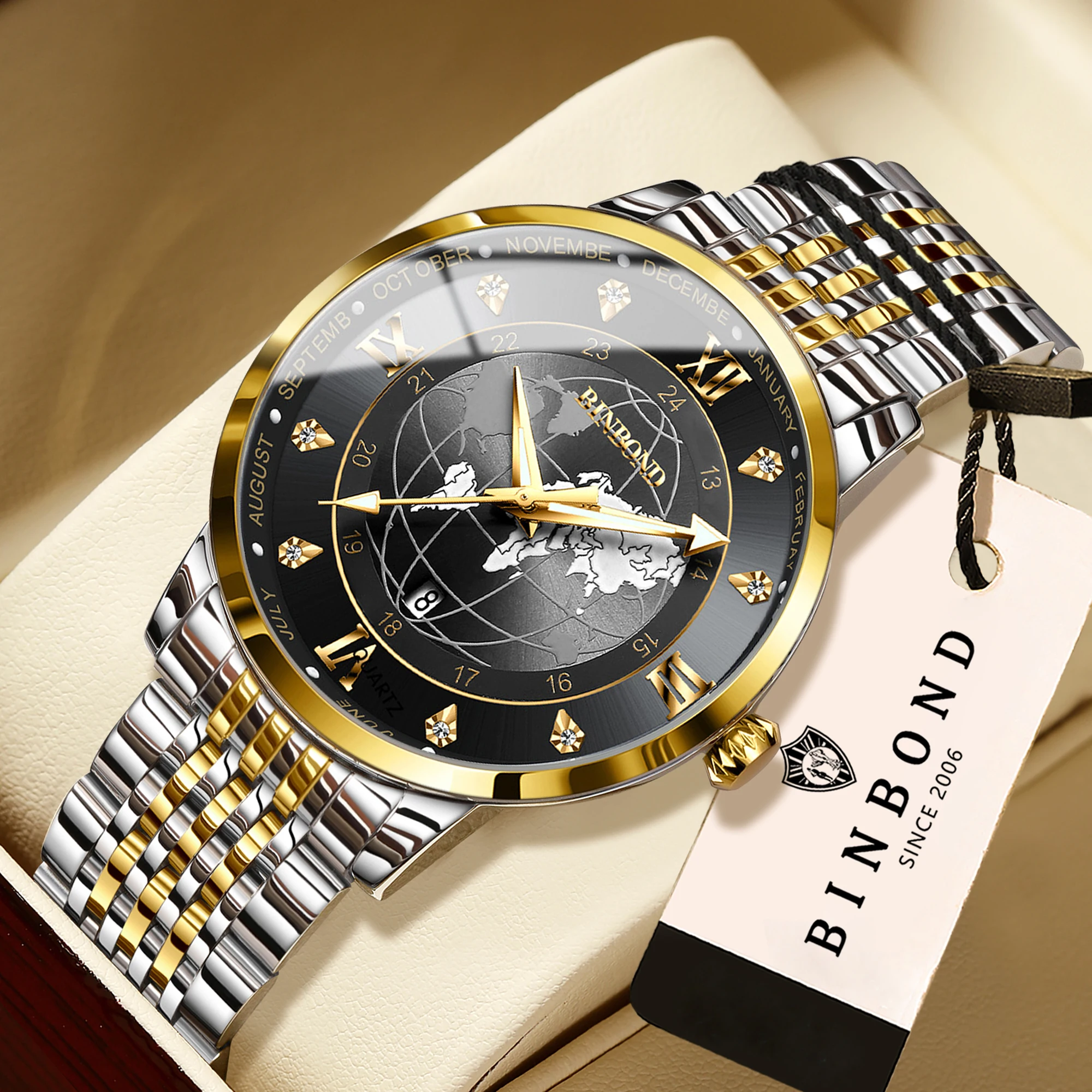 BINBOND Orginal Earth Auto Date Accurate Quartz Watches For Men Luxury Luminous Waterproof Men's Watch Casual Global Reloj