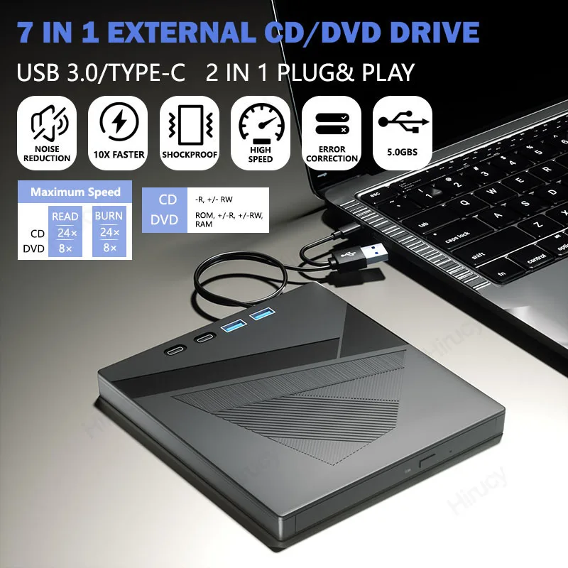 7-IN-1 External CD/DVD Drive for Laptop PC USB 3.0 CD-ROM Reader DVD Player Writer Optical Disc Drive for Windows 11/10 Mac OS