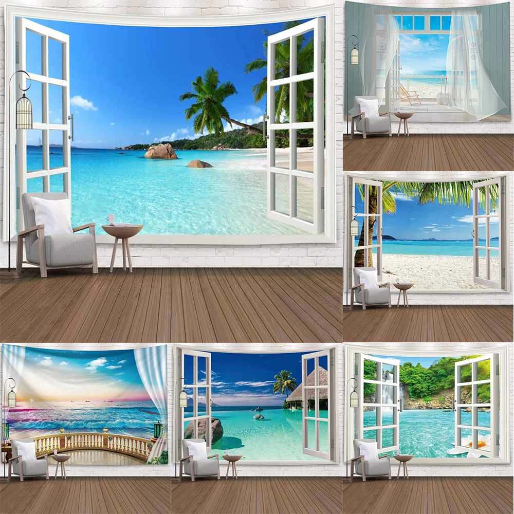 Sea beach pattern landscape tapestry beach window background cloth Nordic home decoration bedroom dormitory wall hanging cloth