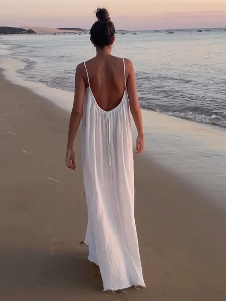 Fashion Sexy White Backless Women Sling Dress Elegant Off Shoulder Sleeveless Dresses 2024 Summer Female Beach Vacation Robes