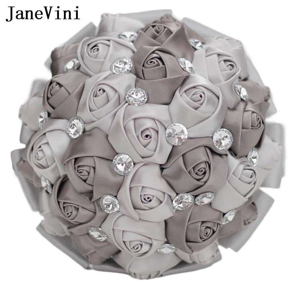 JaneVini 15CM Grey Flower Girl Bridesmaids Bouquet with Crystal Satin Bridal Bridesmaid Wedding Bouquets Ramos De Flores Novia