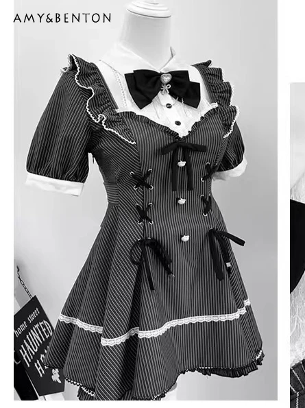 

Vintage Court Style Subculture Mine Series Women Clothing Japanese Sweet Bow Hollow Bubble Sleeve Gothic Striped Dress Sets