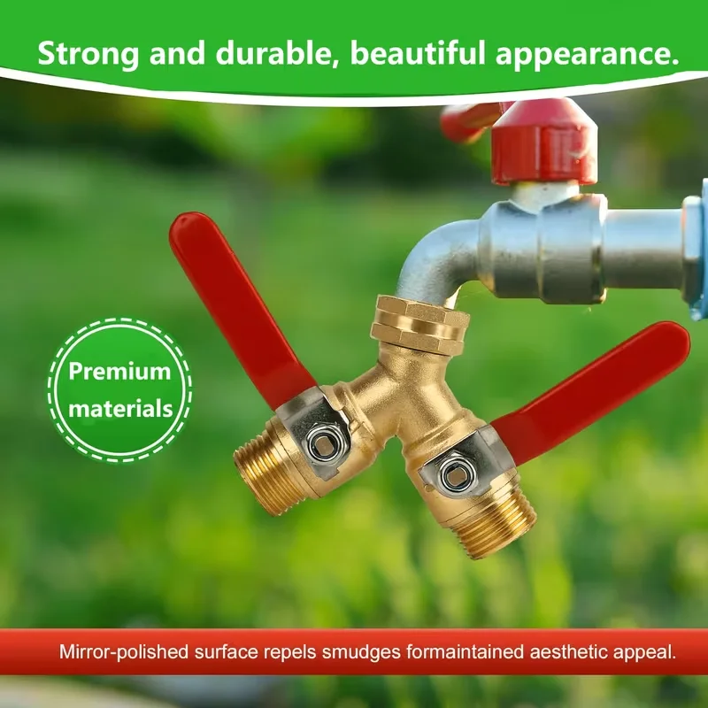 2‑Way Garden Hose Y Splitter, Heavy‑Duty Brass Faucet Adapter with Long Handle, Water Hose Shut‑Off Valve, Hose Connector Fittings for Outdoor Garden Water Spigot