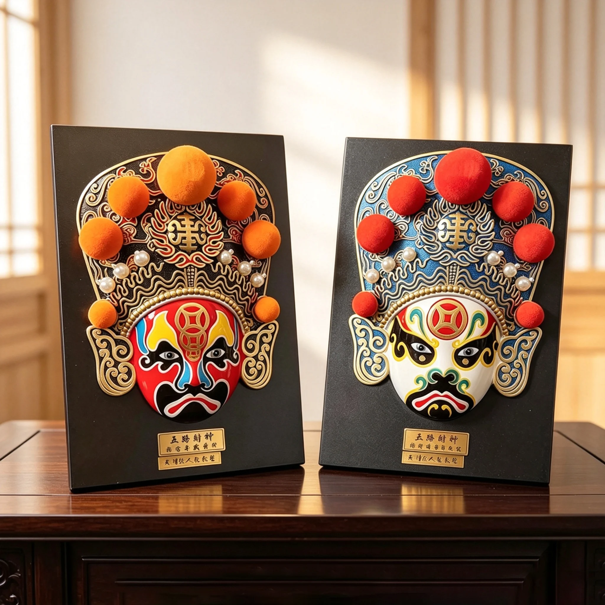 Chinese Peking & Sichuan Opera Mask Ornament, Five‑Way Wealth God Figurine Hanging Ornament, Wall Hanging Decor for Restaurant