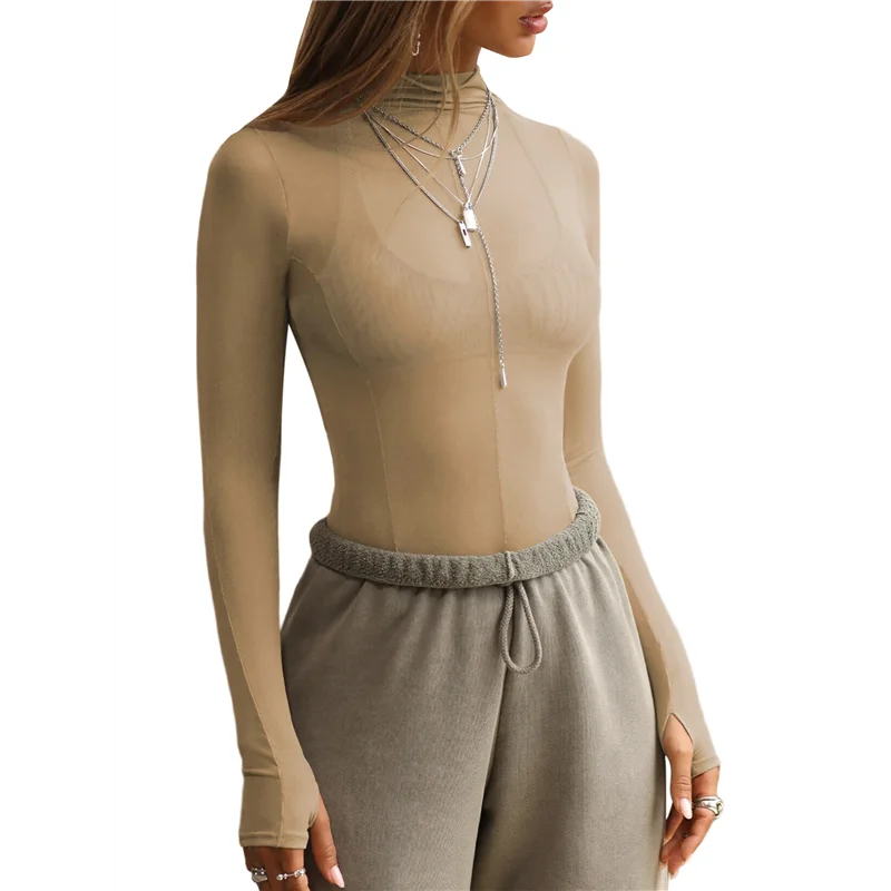 

Mesh Long Sleeve Top For Women, Lace Sheer Tops See Through Mock Neck Floral Embroidery Sheer Blouce Shirt
