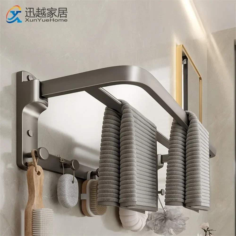 Gun Gray Space Aluminum Hand Towel Rack Folding Movable Bathroom Storage Wall Mounted Toilet Hangers Double Bars Bath Holder