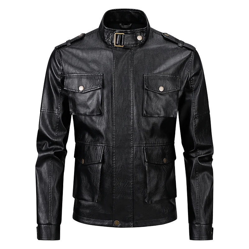 

Spring Autumn Men's Motorcycle Leather Jacket Men Casual Stand Collar Solid Color Leather Jacket Men Business Zip Up PU Coat